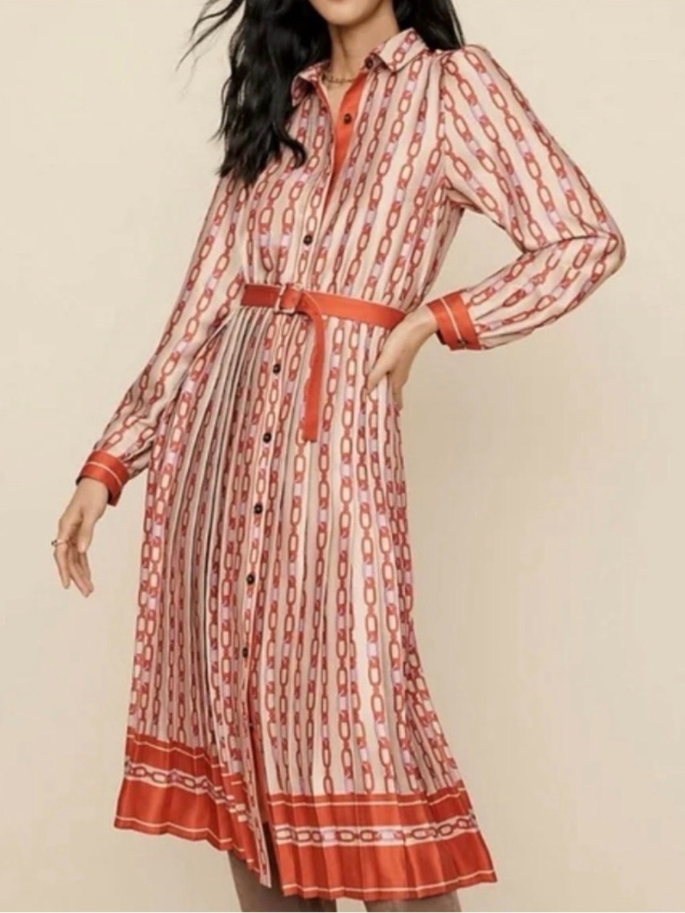 Ann Taylor Beige and Red Chain-Print Midi Shirt Dress